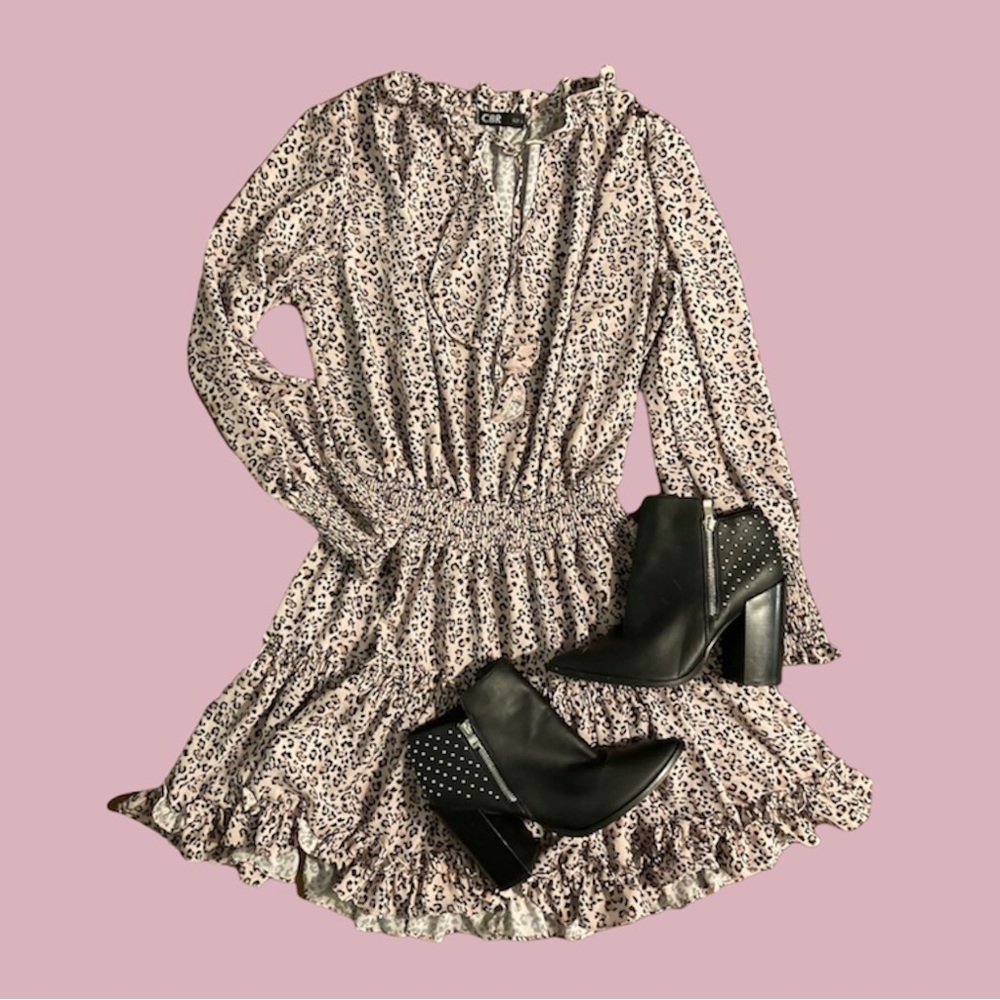 Frilly Leopard Print Long Sleeve Ruffle Dress Large CBR